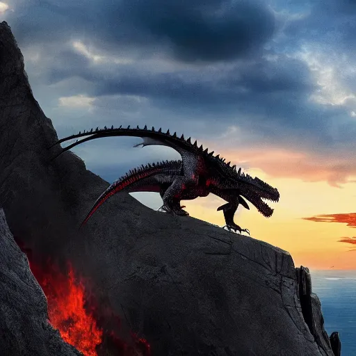 Prompt: silhouette of drogon from game of thrones perched at the edge of a steep cliff, closely examining a target it is about to breathe fire on, intricate, very detailed, just after sunset, vibrant sunset clouds, translucent wings, mouth of drogon open, 4K, telephoto lens