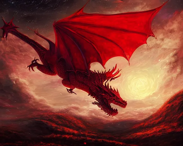 Image similar to red shivan dragon against starry night, illustration, by ( kieran yanner ) ( miranda meeks ) ( anna podedworna ) ( cristi balanescu ), digital art