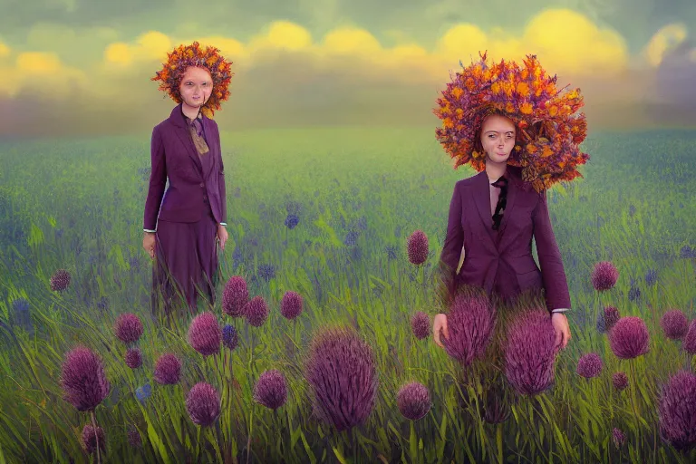 Prompt: enormous thistle flower under head, a girl in a suit in field of flowers, surreal photography, sunrise, blue sky, dramatic light, impressionist painting, digital painting, artstation, simon stalenhag