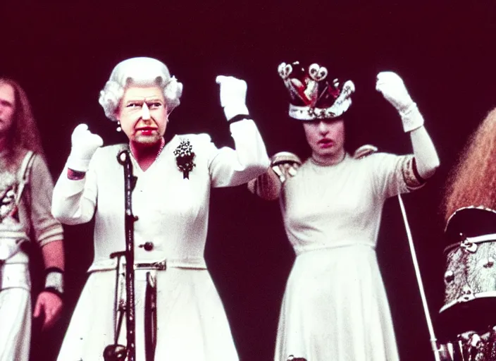 Image similar to publicity photo still of queen elizabeth in a death metal band playing live on stage, 8 k, live concert lighting, mid shot