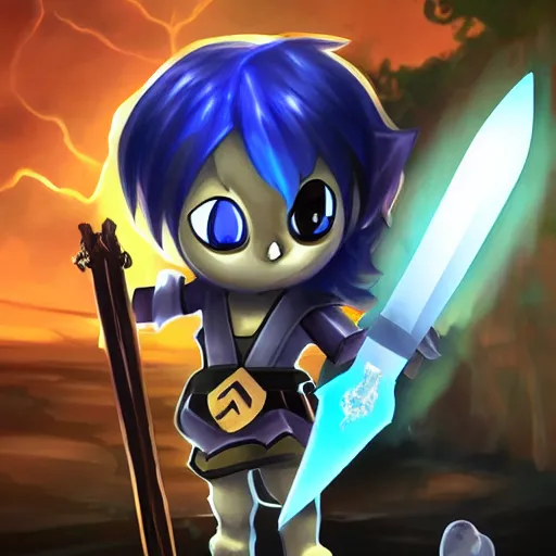 Image similar to a baby warrior holding the necro sword, lightning