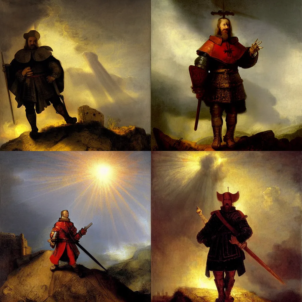 Prompt: Templar knight standing on top of a castle wall, Thunderclouds in the sky, sun shining through clouds, crepuscular rays, painting by Rembrandt