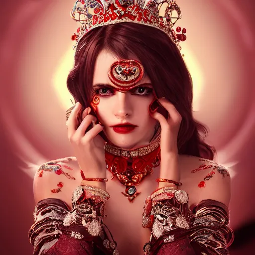 Image similar to photograph of wonderful princess with smooth fair skin, alluring eyes, red jewelry, breathtaking, elegant, ornate, intricate, hyper detailed, accent lighting, dramatic light, 4 k octane render