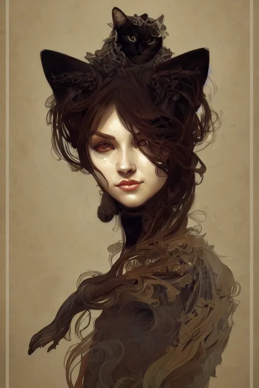 Image similar to A full portrait of occultist cat, intricate, elegant, highly detailed, digital painting, artstation, concept art, smooth, sharp focus, illustration, art by Krenz Cushart and Artem Demura and alphonse mucha