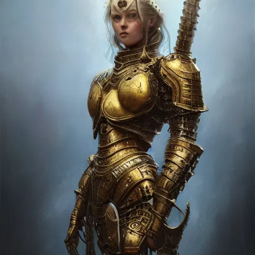 Prompt: breathtaking soft painting of demon girl with an intricate retrofuturistic knight armor in a golden sky, realistic symmetrical face features, rembrandt style, elegant, highly detailed, artstation, concept art, matte, sharp focus, art by tom bagshaw, and greg rutkowski