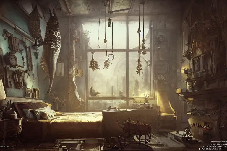 Image similar to Interior of a steampunk bedroom, 3d scene, render, ultra realistic, zenith view, Greg Rutkowski, artstation, cgsociety, level design, unreal engine alien whale flying over a steampunk city, 3d scene, render, ultra realistic, zenith view, Enki Bilal style