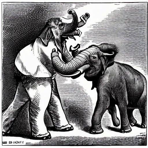 Prompt: a political cartoon of an elephant aggressively berating a donkey.