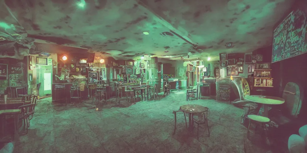 Prompt: a weird place, house, playground, office, pool, bar, pub, interior, room with eerie feeling, disposable colored camera, camera flash, unusual place, unsettling, kids place, night scene