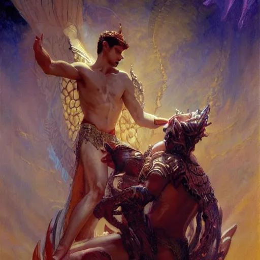 Prompt: attractive male deity casts dark spell, summons attractive male lucifer morningstar. highly detailed painting by gaston bussiere, craig mullins, j. c. leyendecker 8 k