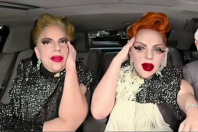 Image similar to lady gaga and judy garland doing carpool karaoke, lady gaga and judy garland, carpool karaoke, lady gaga, judy garland, carpool karaoke, youtube video screenshot, the late late show with james corden, higly realistic, high resolution, dashcam