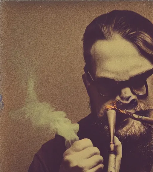 Prompt: color polaroid picture of a hipster man smoking a pipe. tobacco. diffuse background