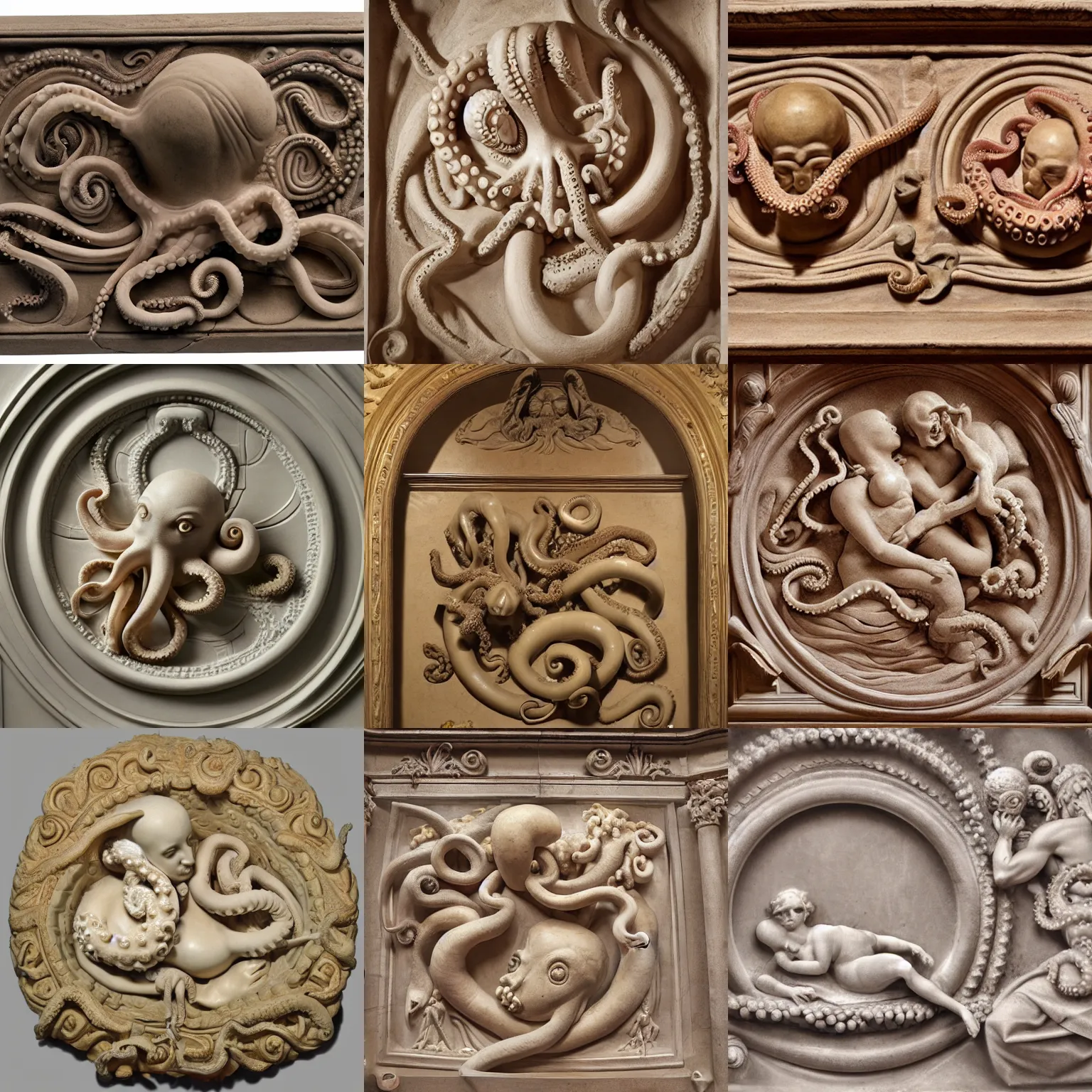 Prompt: embryo and octopus bas-relief, baroque, highly detailed