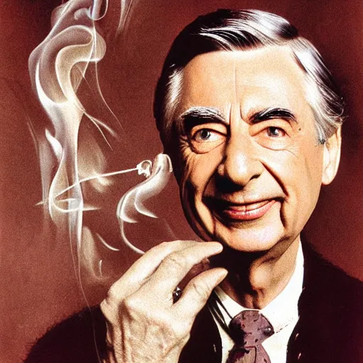 Prompt: fred rogers gothic horror chic portrait diffusion glow smoke fire, art by salvador dali