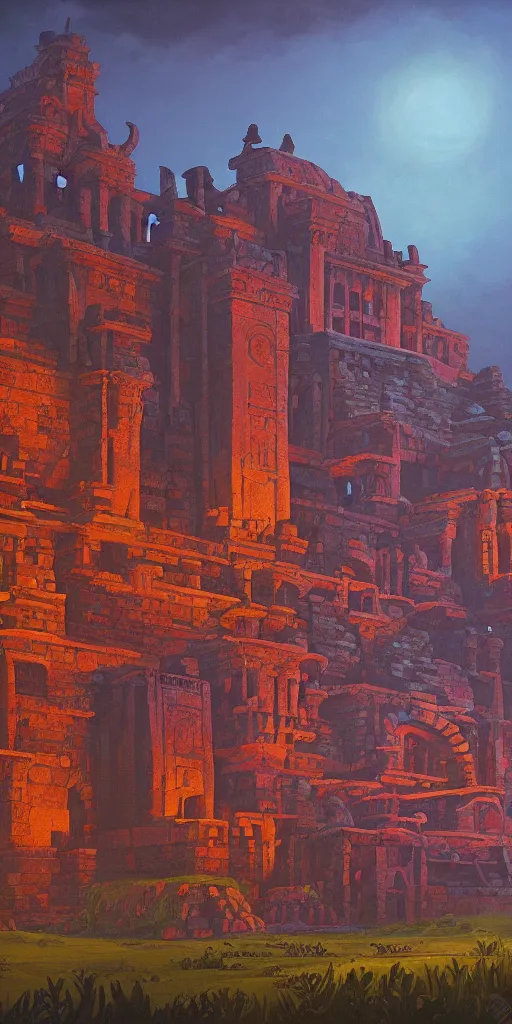 Image similar to palace of the aztec queen!!! a highly detailed cinematic oil painting by roger dean and alena aenami, dynamic lighting