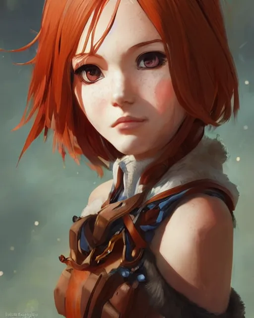 Image similar to portrait Anime Aela the Huntress girl cute-fine-face, pretty face, realistic shaded Perfect face, fine details. Anime. realistic shaded lighting by Ilya Kuvshinov Giuseppe Dangelico Pino and Michael Garmash and Rob Rey, IAMAG premiere, aaaa achievement collection, elegant freckles, fabulous