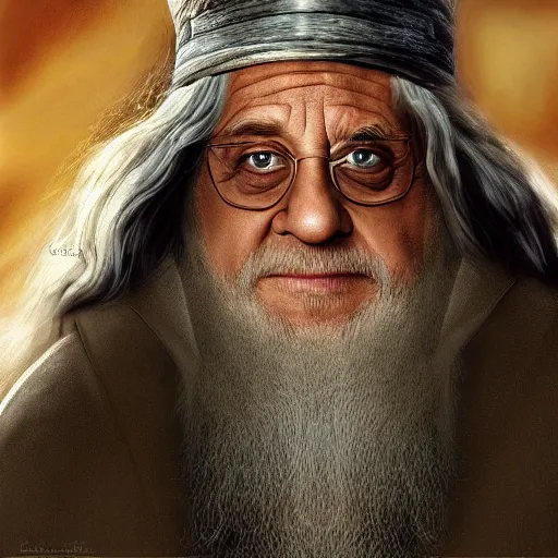 Image similar to danny devito as gandalf the white, lord of the rings movie, full body, high quality, wide angle, illustration, digital art, full color