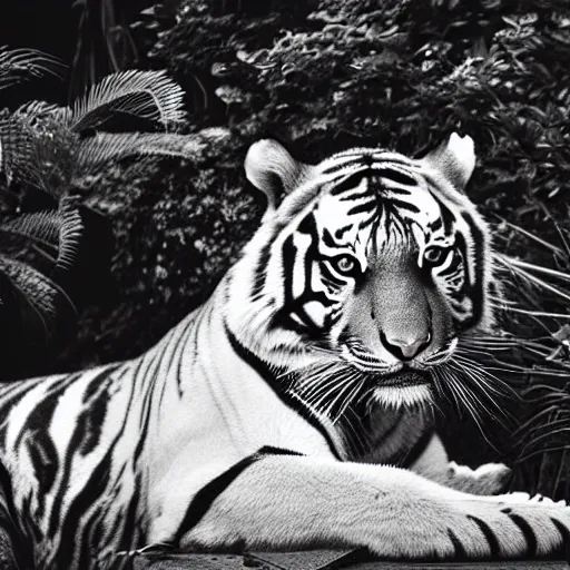 Image similar to rising silent star posing with a tiger in a garden, 1 9 2 0 s photography, trending on unsplash, black and white photography, intricately defined, complexly detailed, 4 k photorealism, golden ratio!!!!!, centered!!!!!