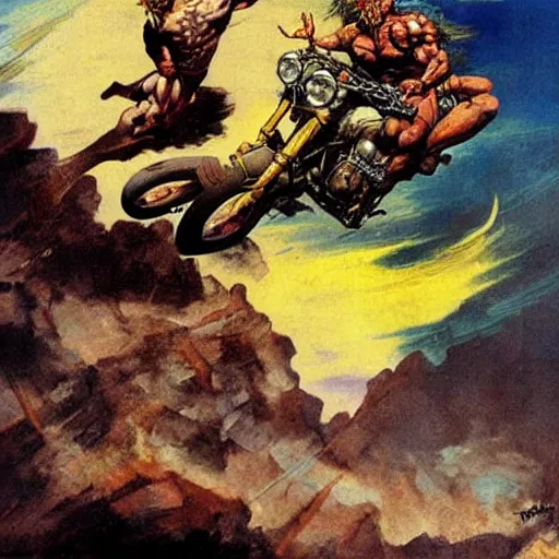 Image similar to muscular man riding motorcycle flying through the air from demons, into glory ride, artwork by Frank Frazetta