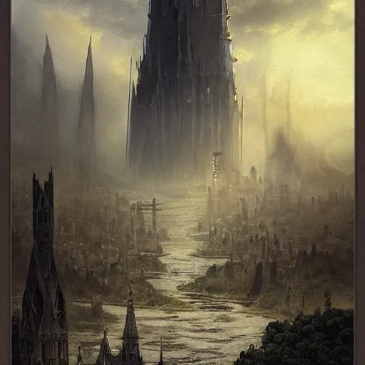 Image similar to an ultra detailed tarot card of a lonely and impossibly tall ominous gothic dark citadel tower of the evil patriarch, elevated high above the city, in a river elevated high above the city, fantasy capital city, ultrawide lense, aerial photography, scary thunderstorm, light fog, volumetric lighting, exquisite detail, 8 k, art by greg rutkowski and alphonse mucha