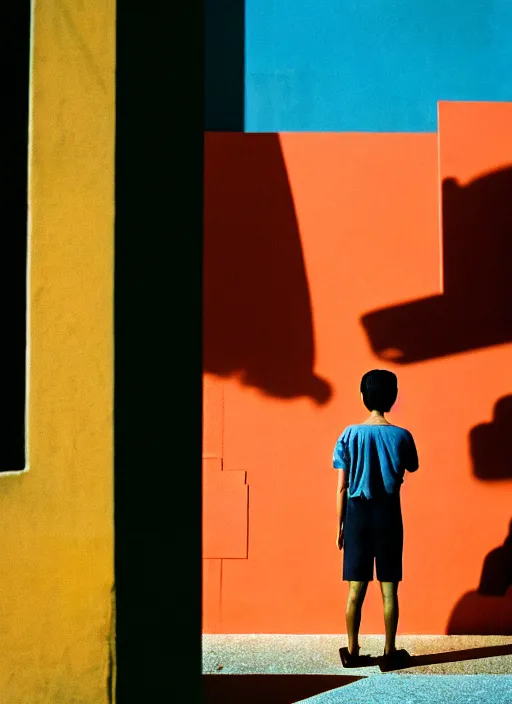 Prompt: minimalist street photography by wes anderson and by steve mccurry, singapore ( 2 0 1 8 ), portra 4 0 0, intense shadows, warm hue, golden hour