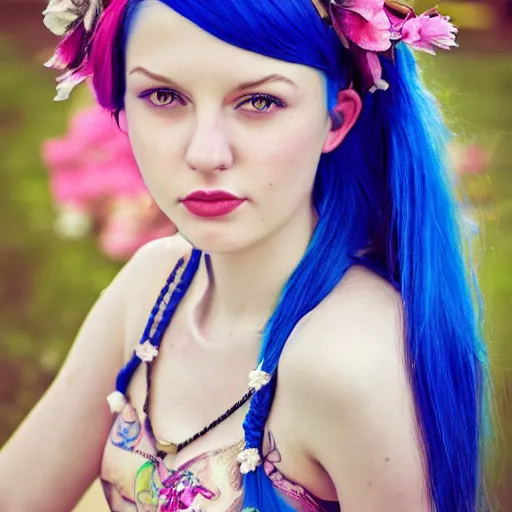 Prompt: dslr photo of a pretty young woman with blue hair, sitting on a bench wearing a flower skirt, and body and wearing hemp sandals and a very detailed faerie necklace around neck, artgerm, artstation, very high quality face, extremely high quality, moody lighting, real camera, real photo, photography by deviantart, 8 k, full subject in shot