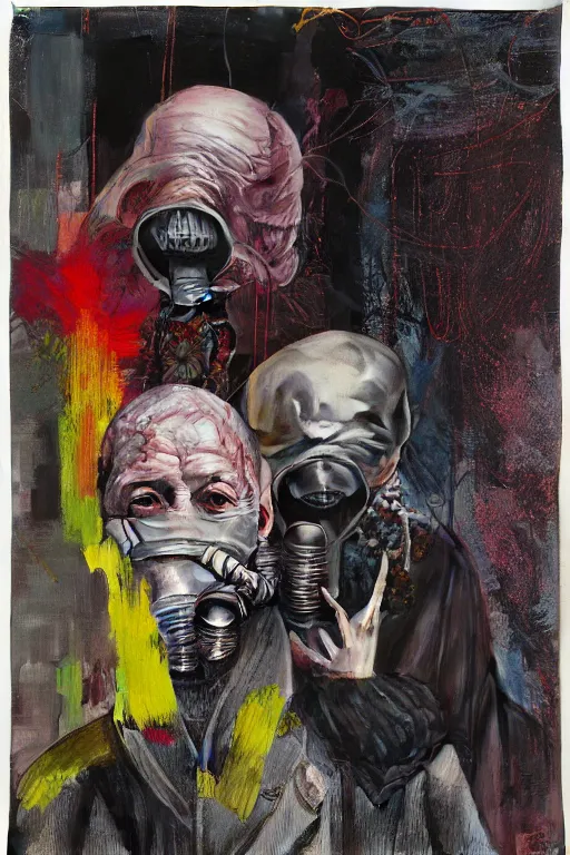 Prompt: two skinny old people wearing gas masks inside a brutalist designed space ship , gothic, rich deep colours, painted by Francis bacon, Adrian ghenie, James jean and Petra cortright, part by Gerhard Richter, part by Takato Yamamoto. 8k masterpiece