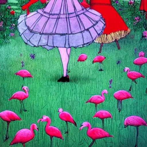 Prompt: The red queen, mad with power, created her red garden for hours and hours, playing croquette with upside-down flamingos; Alice tried to sneak away to the white rabbit's aid