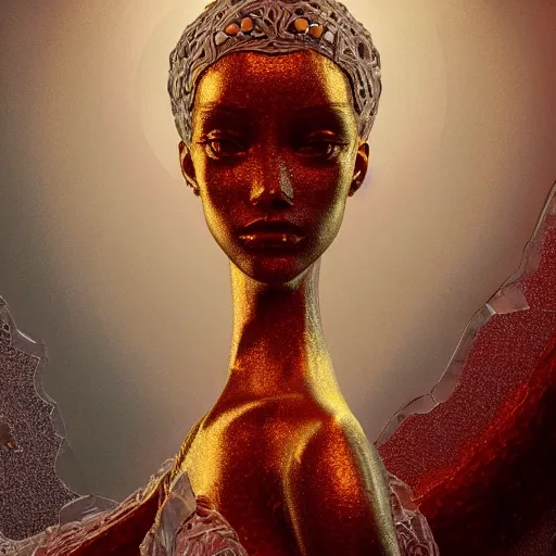 Image similar to abstract highly detailed female sculpture drawing made of white marble and red crystals quartz and minerals, ethereal lights, fine details, artstation, digital paint, fantasy, cinematic photoshooting, illustration, 8 k, intricate golden filigree, octane render, hypperrealistic painting, abstract liquid acrylic art, painting by james gilleard and minna sundberg