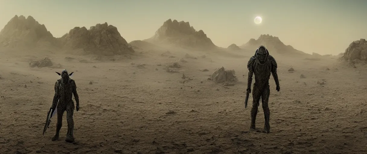 Image similar to muad'dib in a advanced still suit designed by northrop grumman hr giger tom ford moebius and yasushi nirasawa, wide angle, photorealistic, hdr, 8 k, octane render, the moons in background, desert land, mist, a horde of fremen in military gear and weaponry, 4 k, vray, volumetric lighting