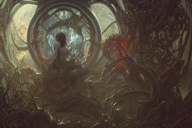 Image similar to a lovecraftian painting of a demonic portal, cosmic horror elements, ultra realistic, concept art, intricate details, eerie, highly detailed, photorealistic, octane render, 8 k, unreal engine. art by artgerm and greg rutkowski and alphonse mucha