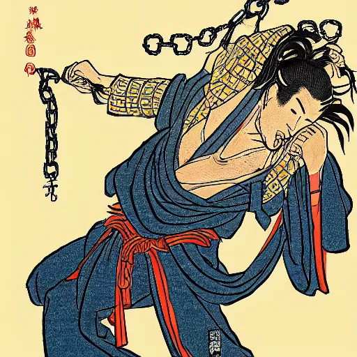 Prompt: by hokusai, samurai man vagabond, the samurai holds a pair of chains, concept art, ink style, sketch, digital 2 d
