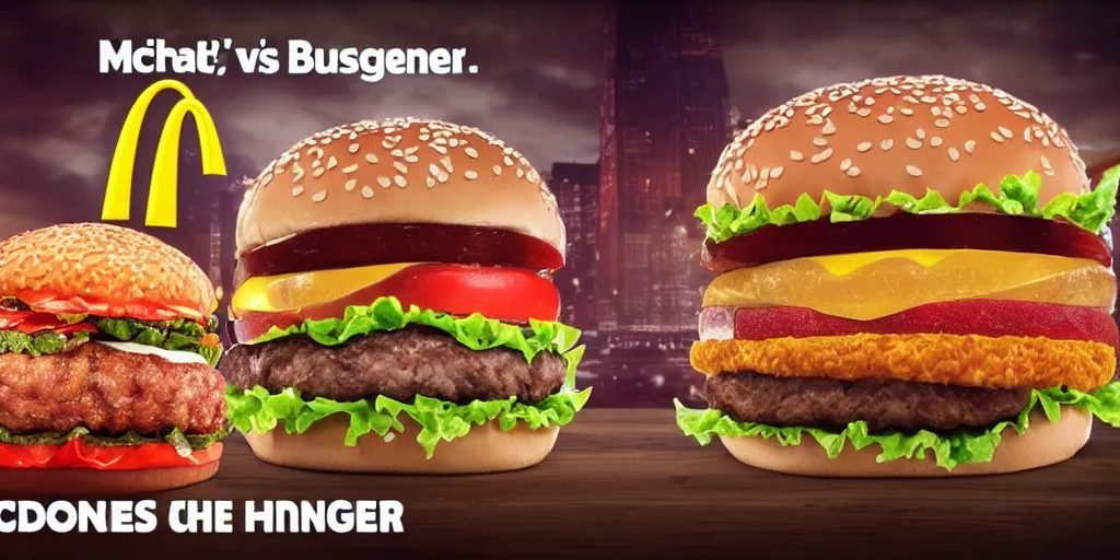Prompt: mcdonald's versus burger king, battle of the burgers, epic, cinematic light