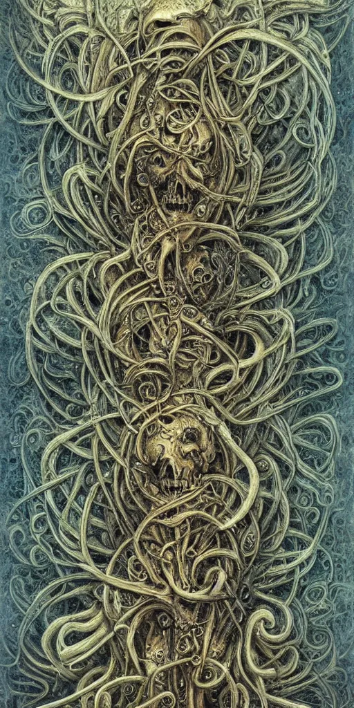 Image similar to abstract, fractal, liquid, melting, swirls, knots, weave, ink, flowers, leaves, gears, wires, bones, skulls, tentacles by hr giger and agostino arrivabene