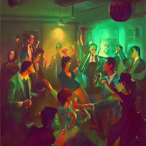 Image similar to young people in a fancy vintage nightclub dancing and drinking, partylights, great colors, by esao andrews, trending on artstation