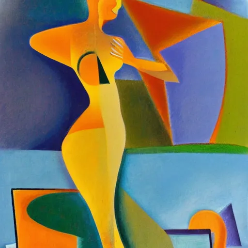 Prompt: tall elegant Woman dances by the ocean while the big waves approach and recede in rhythm, abstract art in the style of Cubism and Georgia o keefe,
