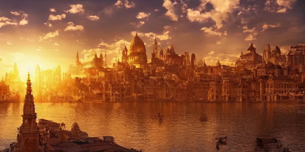 Image similar to a random photo of a beautiful golden city hidden somewhere on Earth, cinematic, sun, beautiful lighting