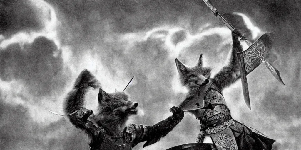 Prompt: anthropomorphic fox who is a medieval knight pointing a sword towards a stormy thundercloud 1 9 3 0 s film still