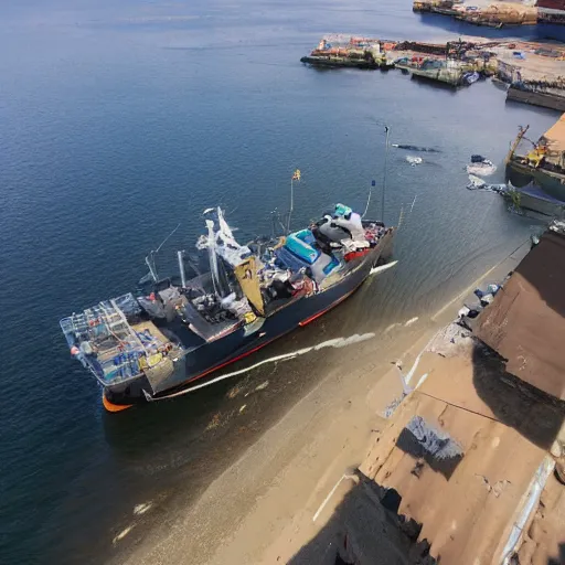 Image similar to realistic aerial drone shot of British fishing trawler