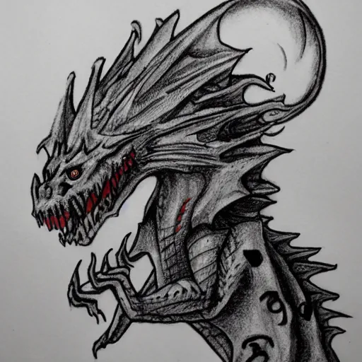 Image similar to a scary horror themed pet-dragon, drawn with charcoal and pen and ink, half-tone-line-stacking