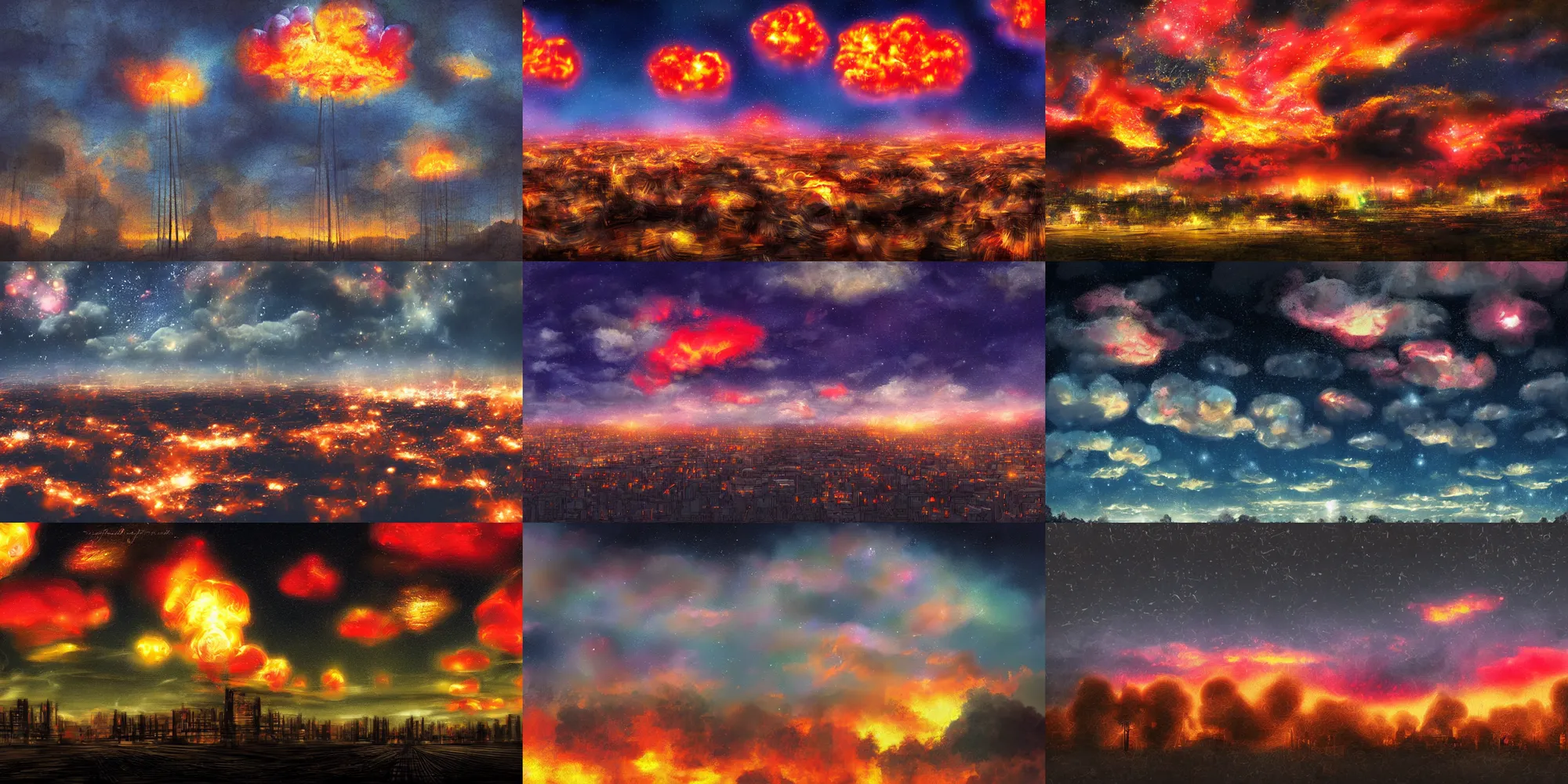 Prompt: landscape portrait of an urban night sky ablaze with mushroom clouds, digital art