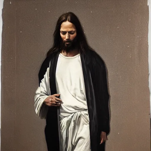 Prompt: a full body lookbook portrait of modern - day jesus wearing virgil abloh off - white menswear and sneaker collection by nicola samori, detailed, realistic oil painting, hyper - realistic, 8 k, off - white collection