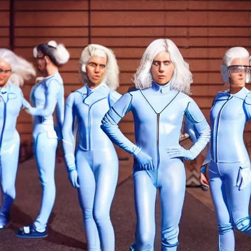 Image similar to troop of identical athletic women with white hair wearing tight light blue latex suits, in formation, futuristic chemistry lab, sci - fi, highly detailed, hyperrealistic