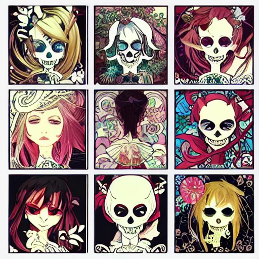 Image similar to anime manga skull portrait marvel young woman hood fairytale comic skeleton illustration style by Alphonse Mucha pop art nouveau