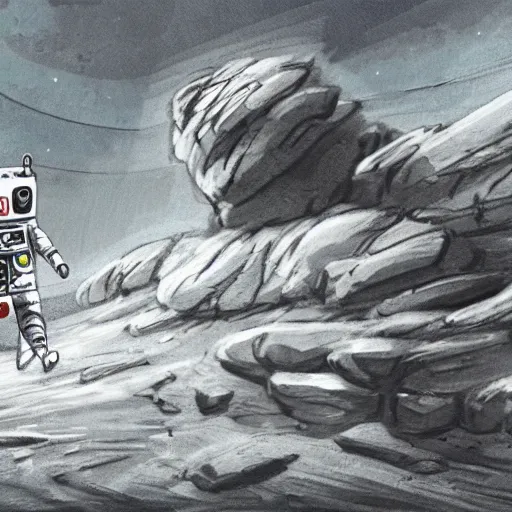 Prompt: concept art of a robot german sheperd running on the moon steps 150