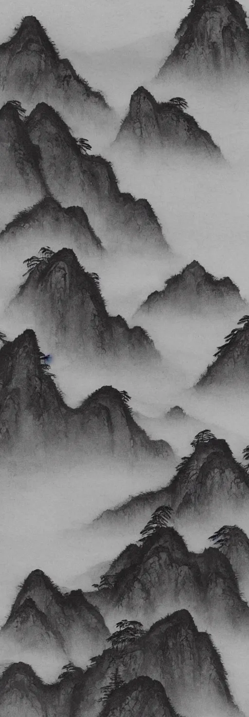 Prompt: traditional chinese shanshui 山 水 ink painting of huangshan on a foggy day by shenzhou 沈 周