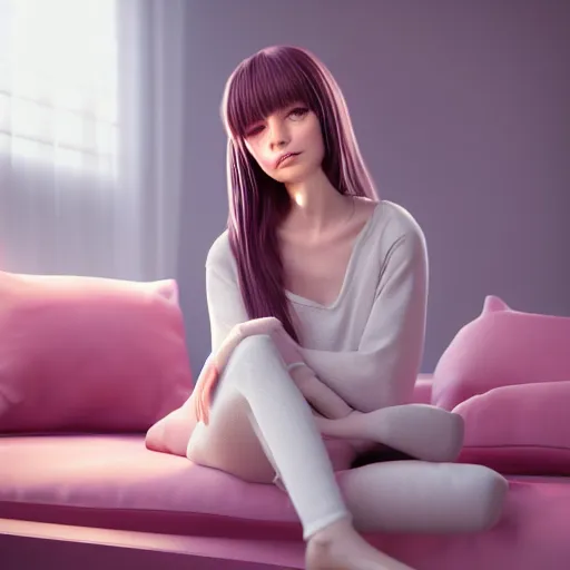 Prompt: 3 d render of a cute thin young woman, red blush, wearing casual clothes, small smile, relaxing on a couch, cozy under a blanket, cozy living room, medium shot, 8 k, octane render, trending on artstation, art by artgerm, unreal engine 5, hyperrealism, hyperdetailed, ultra realistic