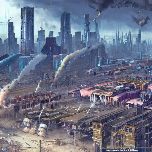 Image similar to cyberpunk city being bombarded by napoleonic cannons.