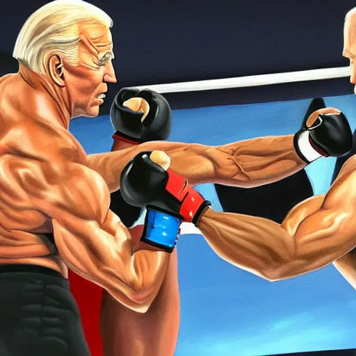 Prompt: a painting of a muscular, shirtless, joe biden beating a shirtless donald trump in an mma match.