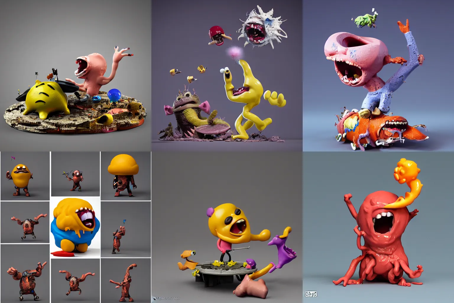 Prompt: dissection of happy, angry screaming with tongue out ceramic exploding crash miniature toy resin Figure animal falling apart 8K, c4d, 3d primitives, in a Studio hollow, surrounded by flying parts, explosion drawing, by pixar, beeple, by jeff koons, blender donut tutorial, by noah bradley, by david lachapelle