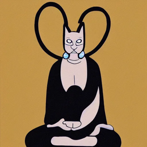 Image similar to canvas painting of cat buddhist monk cartoon, meditating, sitting, front view, eyes closed